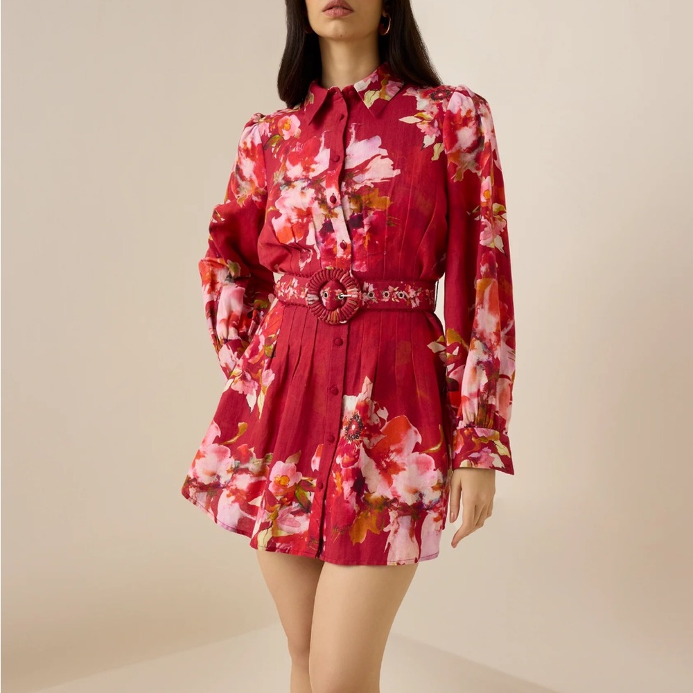 NWT HEMANT & NANDITA Tuhi Red Floral Mini Button Down Dress with Belt - Size XL